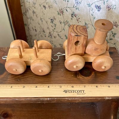 LOT 227: Large Collection of Wooden Toys - Train, Trucks, Airplane, (The Montgomery Schoolhouse, Inc. / Mr. Toys) and More