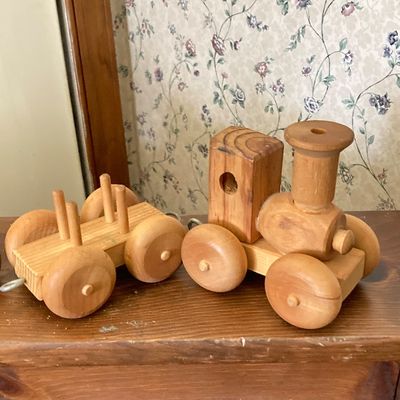 LOT 227: Large Collection of Wooden Toys - Train, Trucks, Airplane, (The Montgomery Schoolhouse, Inc. / Mr. Toys) and More