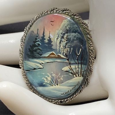 LOT 234: Pair of Vintage Hand-painted Porcelain Russian Brooches / Pins