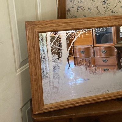 LOT 229: Vintage Josef OG Originals Fuzzy Bunny Music Box, Framed Rectangular Mirror Deer Landscape Art and More