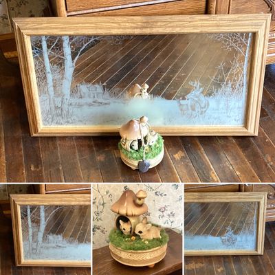 LOT 229: Vintage Josef OG Originals Fuzzy Bunny Music Box, Framed Rectangular Mirror Deer Landscape Art and More