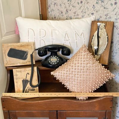 LOT 228: Home Decor Collection - Retro Style Phone, Wall Decor and Throw Pillows