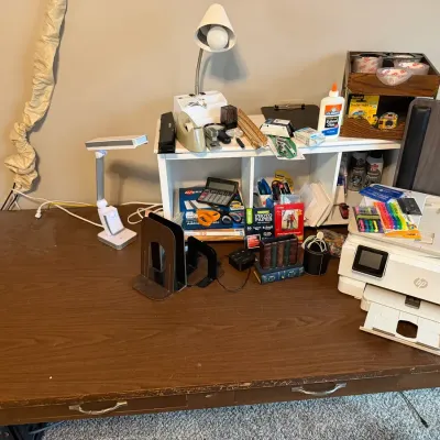 Hp Printer, Wooden Desk And Other Office Items