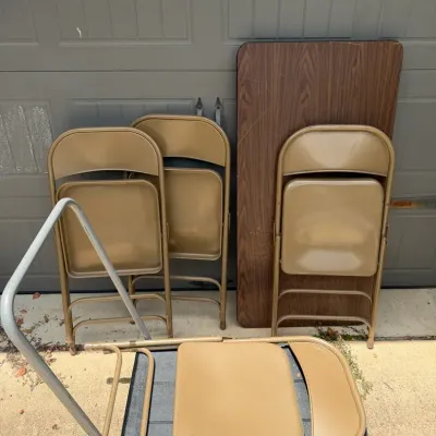 Metal Folding Chairs, Metal And Wood Folding Table And Rubbermaid Plastic Cart