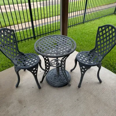 Metal Patio Chairs, Table And Umbrella Stand