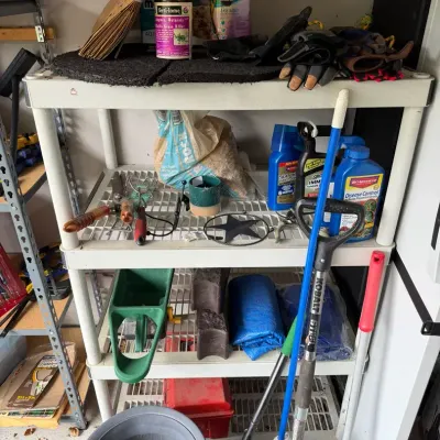 Garden Items And Tools, A Plastic Toolbox And Shelf
