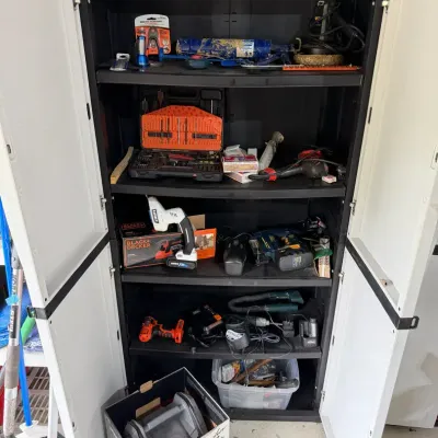 Schumacher Portable Power Station, Black And Decker Power Tools, And Keter Cabinet 