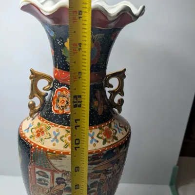 Sale Photo Thumbnail #41: Approx 15 1/2" tall - Vintage hand-painted Oriental vases with gold handles typically feature Japanese Satsuma-style, intricate Chinoiserie floral motifs, or traditional Chinese court scenes