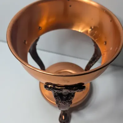 Sale Photo Thumbnail #5: The vintage Princess House copper and brass coffee carafe with stand is a popular 1960s and 1970s mid-century piece designed for elegant tabletop coffee or tea service