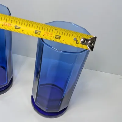 Sale Photo Thumbnail #197: Anchor Hocking Essex Cobalt Blue 16 oz 10-sided tumblers are a popular discontinued vintage glassware line known for their rich, brilliant color and architectural, weighted geometric bases. Because this specific style is no longer in production