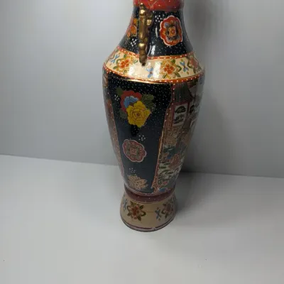 Sale Photo Thumbnail #36: Approx 15 1/2" tall - Vintage hand-painted Oriental vases with gold handles typically feature Japanese Satsuma-style, intricate Chinoiserie floral motifs, or traditional Chinese court scenes
