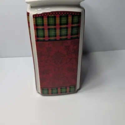 Sale Photo Thumbnail #157: The Christmas Scotty collection by 222 Fifth (PTS) is a highly sought-after holiday dinnerware line featuring a classic Scottish Terrier wearing an argyle sweater, set against a vibrant green, red, and yellow plaid backdrop. Because this specific holiday 