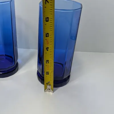 Sale Photo Thumbnail #196: Anchor Hocking Essex Cobalt Blue 16 oz 10-sided tumblers are a popular discontinued vintage glassware line known for their rich, brilliant color and architectural, weighted geometric bases. Because this specific style is no longer in production