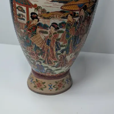 Sale Photo Thumbnail #38: Approx 15 1/2" tall - Vintage hand-painted Oriental vases with gold handles typically feature Japanese Satsuma-style, intricate Chinoiserie floral motifs, or traditional Chinese court scenes