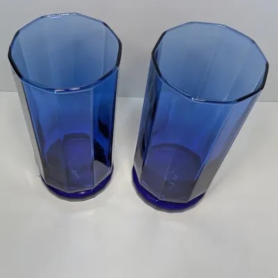 Sale Photo Thumbnail #195: Anchor Hocking Essex Cobalt Blue 16 oz 10-sided tumblers are a popular discontinued vintage glassware line known for their rich, brilliant color and architectural, weighted geometric bases. Because this specific style is no longer in production