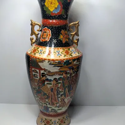 Sale Photo Thumbnail #33: Approx 15 1/2" tall - Vintage hand-painted Oriental vases with gold handles typically feature Japanese Satsuma-style, intricate Chinoiserie floral motifs, or traditional Chinese court scenes