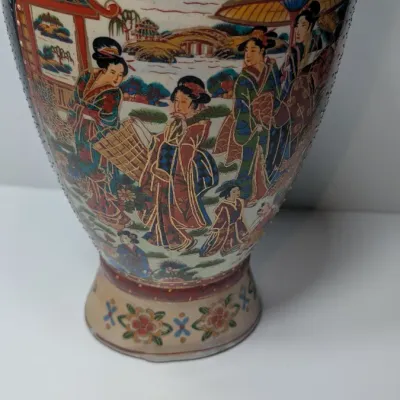Sale Photo Thumbnail #37: Approx 15 1/2" tall - Vintage hand-painted Oriental vases with gold handles typically feature Japanese Satsuma-style, intricate Chinoiserie floral motifs, or traditional Chinese court scenes