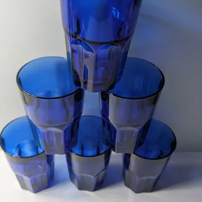 Sale Photo Thumbnail #179: The Libbey DuraTuff Gibraltar Dusky Blue 16oz Cooler Glasses are highly sought-after, discontinued pieces that bridge the gap between mid-century modern style and durable late-20th-century craftsmanship. While the classic paneled Gibraltar design dates ba
