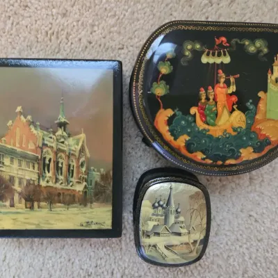 Trio Of Vintage Russian And Ukrainian Laquered Trinket Boxes