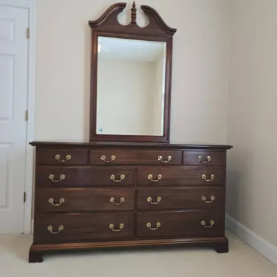 Nine Drawer Dark Wood Traditional Style Dresser With Mirror 