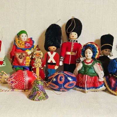 Vintage Russian Doll Ornaments, British Royal Guardsman,  Ukrainian Pysanka And More