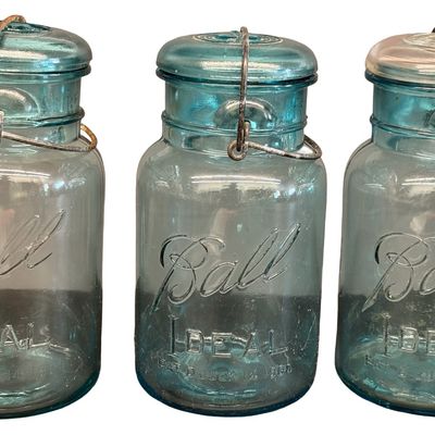 Vintage Ball Ideal Aqua-Blue Glass Wire-Bale Fruit Jars/Canning Jars featuring Embossed Lettering and Glass Lids - Lot of 9