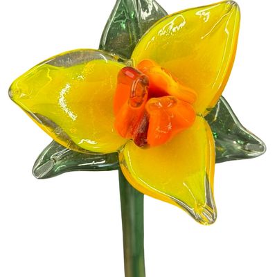 Vintage Hand-Blown Art Glass Handcrafted Yellow Art Glass Daffodil Flower Sculpture 16"