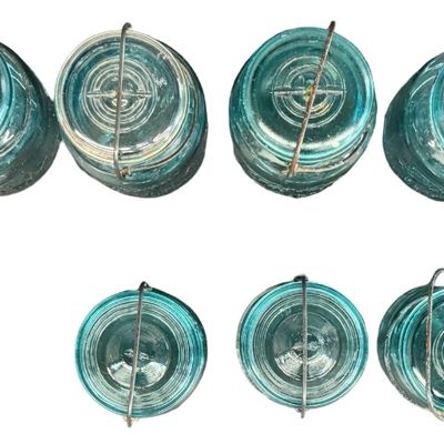 Vintage Ball Ideal Aqua-Blue Glass Wire-Bale Fruit Jars/Canning Jars featuring Embossed Lettering and Glass Lids - Lot of 9