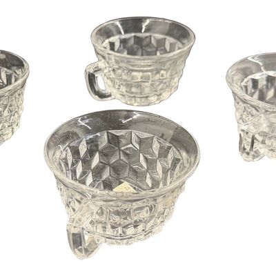 Vintage Fostoria American Clear Pressed Glass Punch Cups featuring a Geometric Cubist Diamond Pattern and D-Style Handles - Set of 4