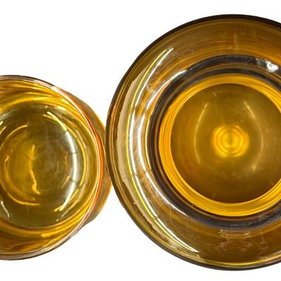 Vintage Mid-Century Krosno Poland Hand Blown Amber Glass to Clear Tumble Up Carafe Bedside Office or Bar Tumbler Set