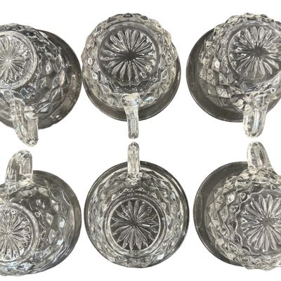 Vintage Fostoria American Clear Pressed Glass Punch Cups featuring a Geometric Cubist Diamond Pattern and D-Style Handles - Set of 6