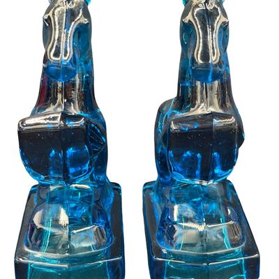 Vintage Set of Mid-20th Century L.E. Smith Aqua or Turquoise Blue Glass Rearing Horse Bookends