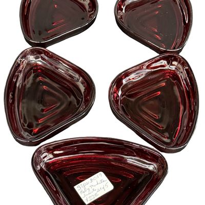 Vintage Anchor Hocking Royal Ruby Red "Manhattan" Pattern Triangular Glass Relish or Lazy Susan Insert - Lot of 5