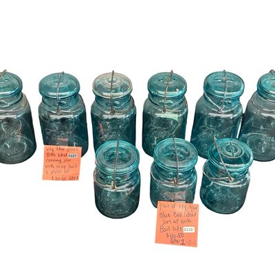 Vintage Ball Ideal Aqua-Blue Glass Wire-Bale Fruit Jars/Canning Jars featuring Embossed Lettering and Glass Lids - Lot of 9