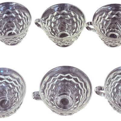 Vintage Fostoria American Clear Footed Tea Cup with Clear Rounded Handle - Set of 6