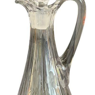 Vintage Etched Clear Glass Vinegar/Oil Cruet with Stopper Hexagon Base
