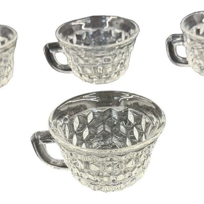 Vintage Fostoria American Clear Pressed Glass Punch Cups featuring a Geometric Cubist Diamond Pattern and D-Style Handles - Set of 6