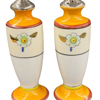 Vintage Set of Art Deco Hand-Painted Japanese Lusterware Ceramic Salt and Pepper Shakers featuring Orange and Floral Geometric Motifs