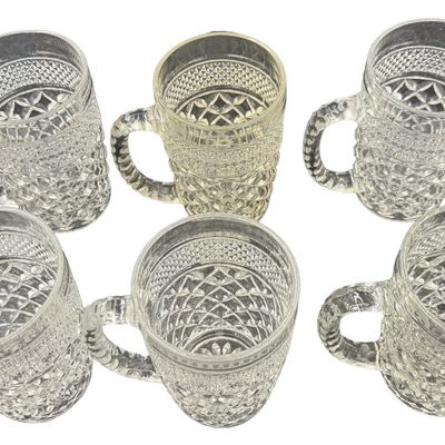 Vintage Anchor Hocking Wexford Clear Glass Mug featuring a Classic Criss-Cross Diamond and Textured Diamond-Point Pattern - Set of 6