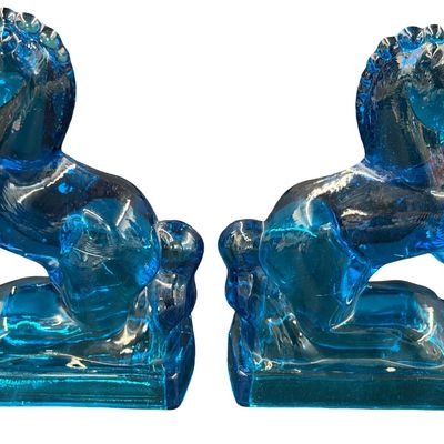 Vintage Set of Mid-20th Century L.E. Smith Aqua or Turquoise Blue Glass Rearing Horse Bookends