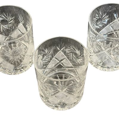 Russian Cut Crystal Double Old-Fashioned Whiskey Rocks Glasses featuring a Classic Geometric Star and Diamond Pattern - Lot of 3