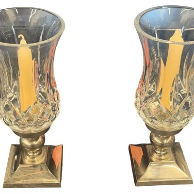 Vintage Waterford Lismore Crystal Hurricane Candle Holders with Brass Base - Set of 2 **