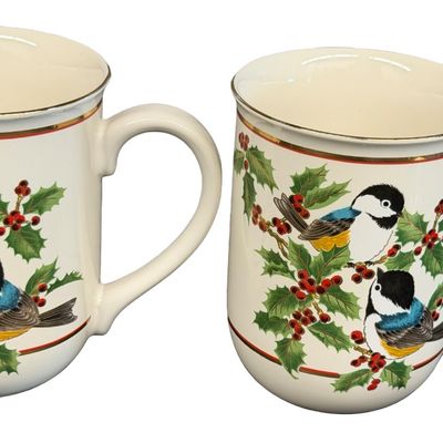 Vintage Otagiri Japan Chickadee and Holly Berry Mugs featuring a Holiday Motif from the Gibson Greeting Cards Collection - Lot of 6