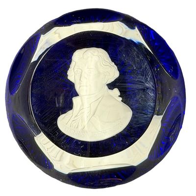 Vintage 1975 Cobalt Royal Blue Crystal Glass PAPERWEIGHT Sulfide Cameo Portrait of THOMAS JEFFERSON