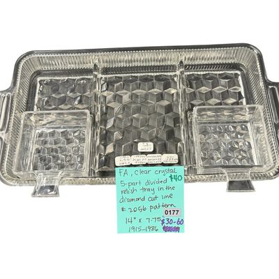 Vintage Fostoria American Clear Crystal Five Part Divider Relish/Appetizer Diamond Cut Tray featuring a Large Divided Rectangular Tray...