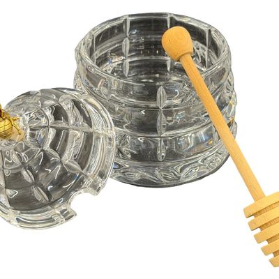 Vintage Crystal Honey Jar & Lid with Wood Spoon/Dipper Giftware Set