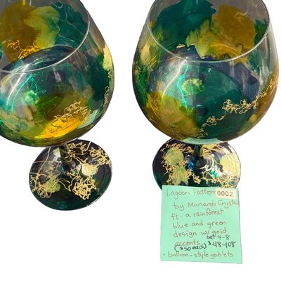 DISCONTINUED Monarch Crystal Lagoon Hand-Painted Balloon Wine Goblets in the "Rainforest" Blue-Green and Gold Accent Pattern