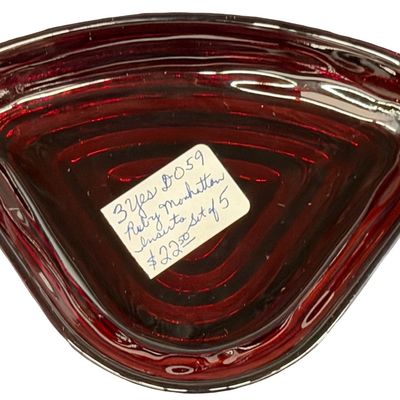 Vintage Anchor Hocking Royal Ruby Red "Manhattan" Pattern Triangular Glass Relish or Lazy Susan Insert - Lot of 5