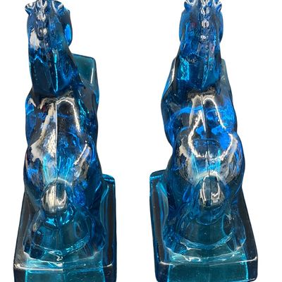 Vintage Set of Mid-20th Century L.E. Smith Aqua or Turquoise Blue Glass Rearing Horse Bookends