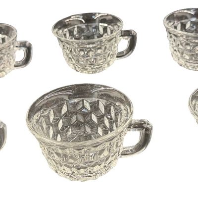 Vintage Fostoria American Clear Pressed Glass Punch Cups featuring a Geometric Cubist Diamond Pattern and D-Style Handles - Set of 6